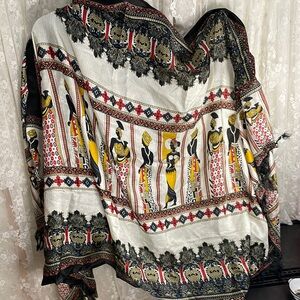 Incredible Ethnic Tribal Silk Scarf African Women White, Black, Blue & Red
